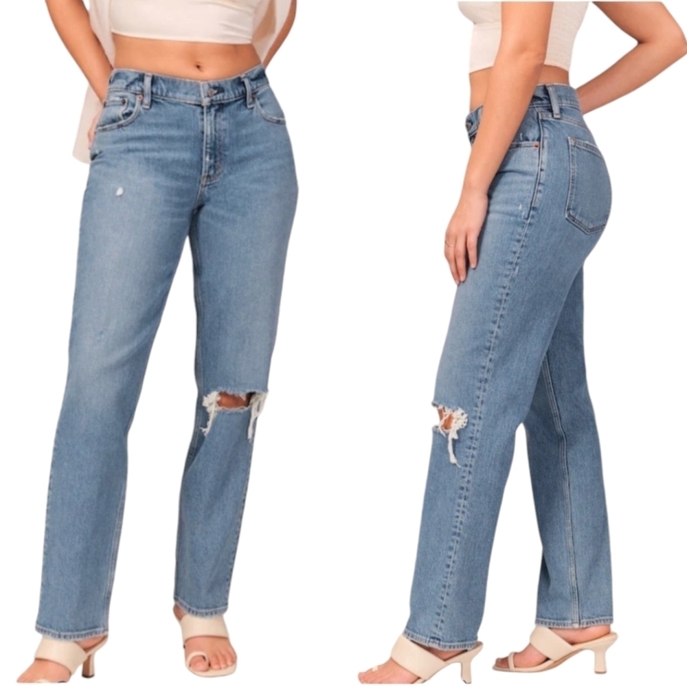 Abercrombie & Fitch Jeans 26 The 90s Straight Low Riseβ Blue Distressed Boho